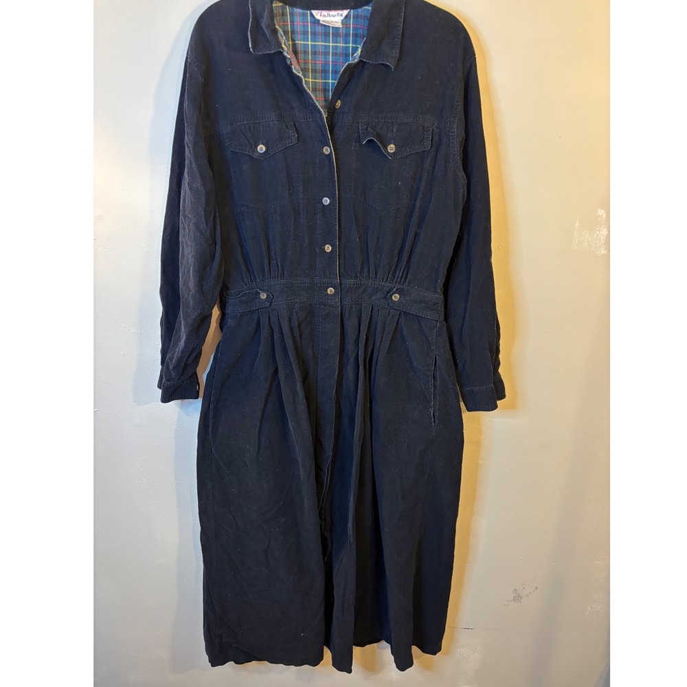 VTG Talbots Navy Blue Corduroy Midi Dress 16 Plaid Lining Button Front